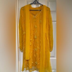 Elegant Yellow Embroidered Indian Dress with dopatta and salwar.